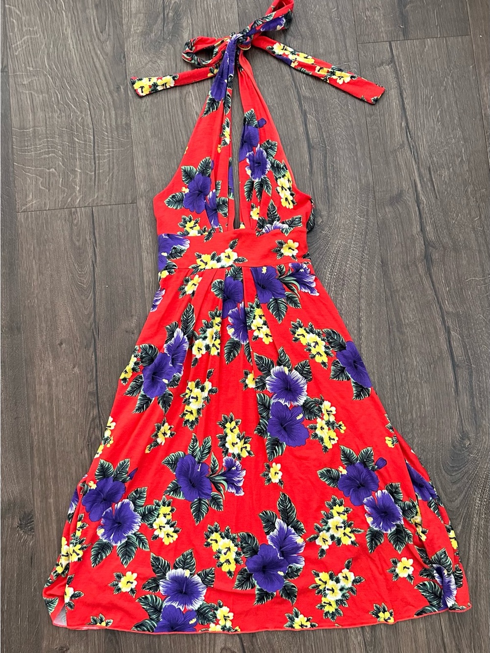 Free People Red Floral Halter Dress with Purple & Yellow Blooms